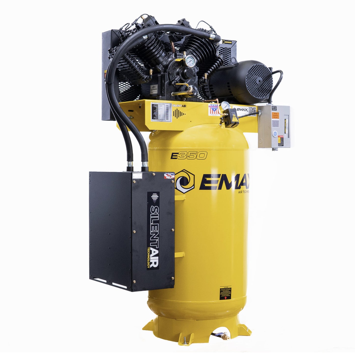 EMAX Silent Air Industrial 10HP 38CFM 1-Phase 80 Gal. Vertical Industrial Electric Air Compressor-W/ Pressure Lube Pump / w/ Isolator Pads