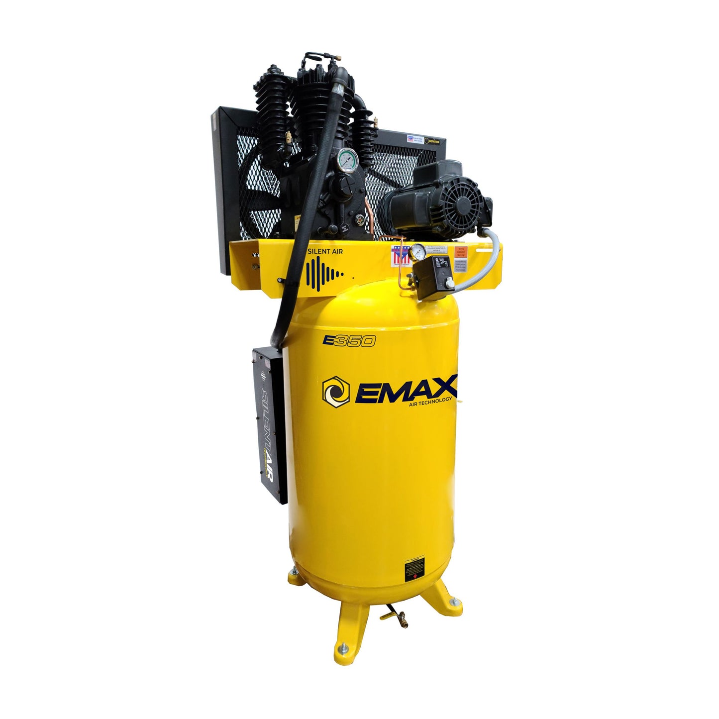 EMAX Silent Air Industrial 5HP 19CFM 1- Phase 2-Stage 80 Gal. Vertical Stationary Electric Air Compressor-W/ Pressure Lube Pump / w/ Isolator Pads