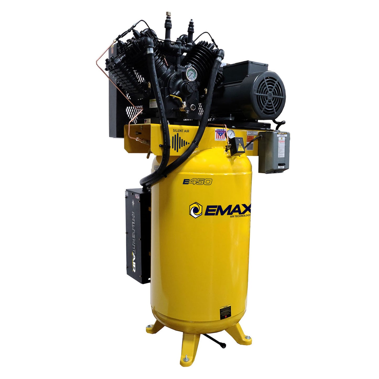 EMAX Silent Air Industrial 7.5HP 31CFM 1- Phase 2-Stage 80 Gal. Vertical Stationary Electric Air Compressor-W/ Pressure Lube Pump , Isolator Pads, Belt Tensioner, Continuous Run, Auto Drain