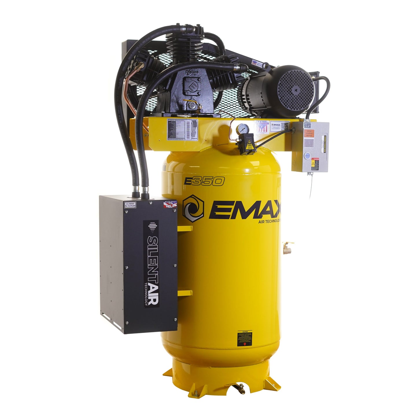 EMAX Silent Air Industrial 7.5HP 3CYL MAX FLOW Two Stage 1Ph 35.2CFM @100PSI 80 Gal. Industrial Solid Cast Iron Air Compressor, Industrial Ceramic disc valves w/isolator pads - Splash Lube Pump