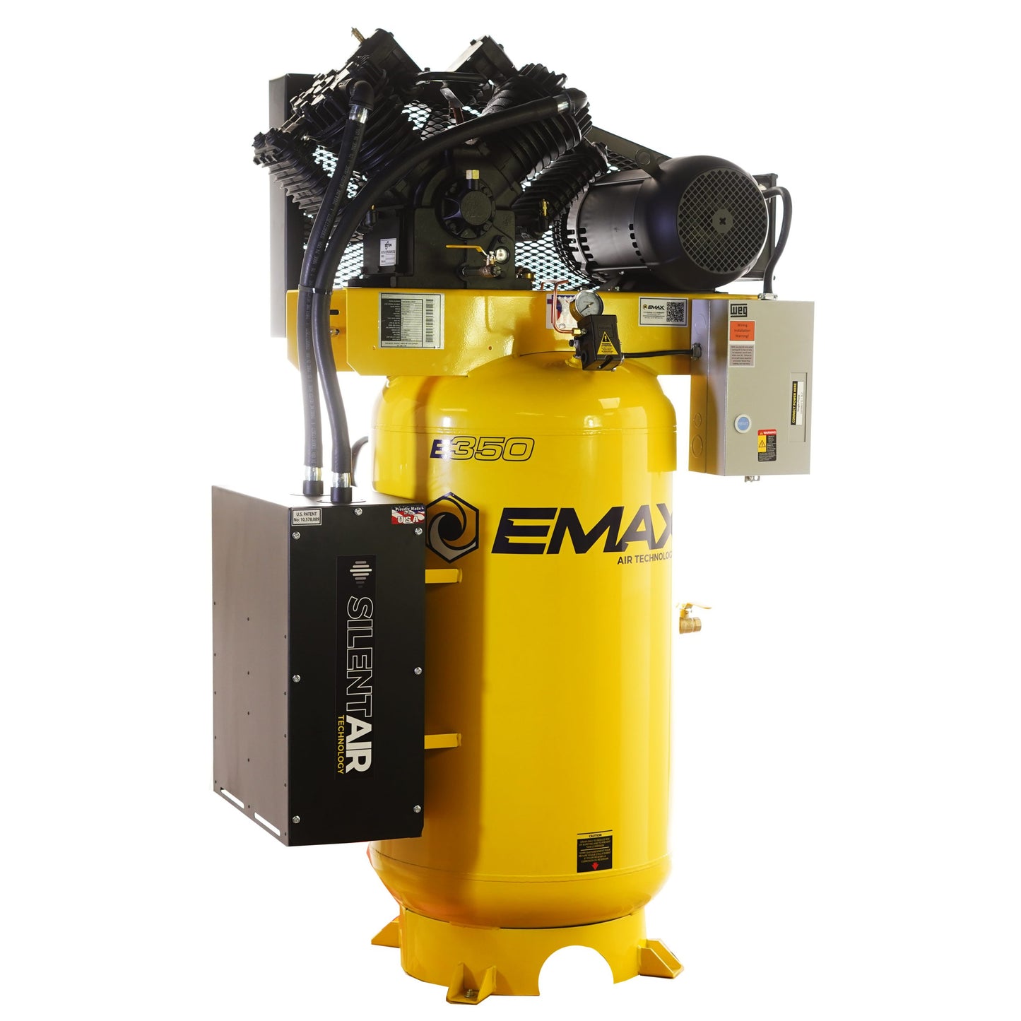 EMAX Silent Air Industrial 10HP V4 Two Stage 1Ph 38CFM 80 Gal. Air Compressor w/isolator pads - Splash Lube Pump