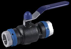 Ball valve with blue handle and black body on a white background