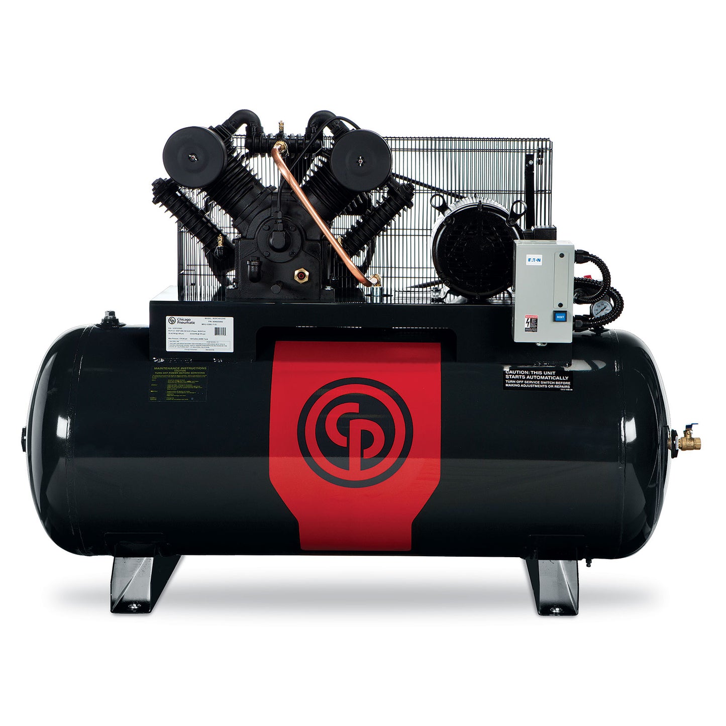 Chicago Pneumatic 10HP RCP Two Stage Iron Series Simplex Reciprocating Air Compressor Premium Model 120Gal Horizontal RCP-C10123H4