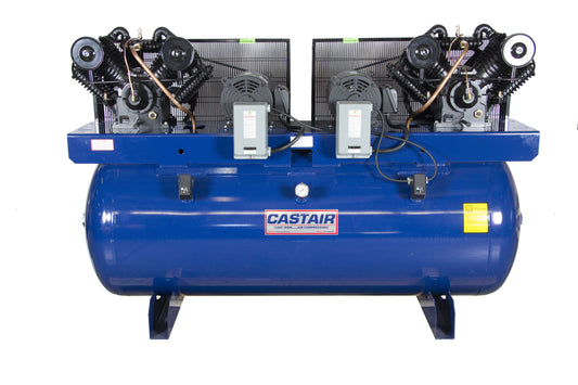 Castair 15 HP (2x7.5) Duplex Air Compressor With Mounted Starter, 49.6CFM@175psi, 1 Phase, Pump RPM 895, 120Gal Tank D7112HC1-S