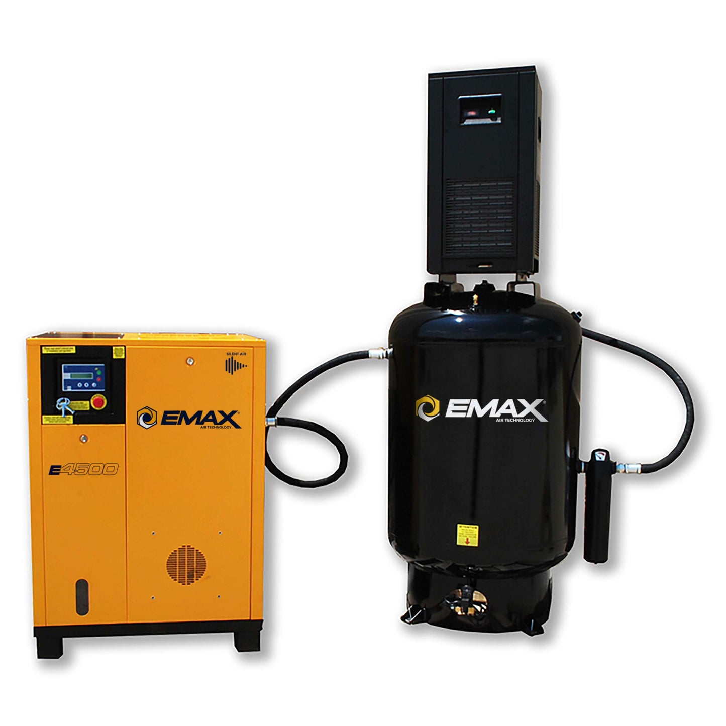 EMAX 10HP 1PH 39CFM Energy Efficient Variable Speed Industrial Rotary Screw Compressor :: 58CFM Air Dryer mounted to a 120 Gallon Vertical Tank - w/ Auto Drain & Hydraulic Hose