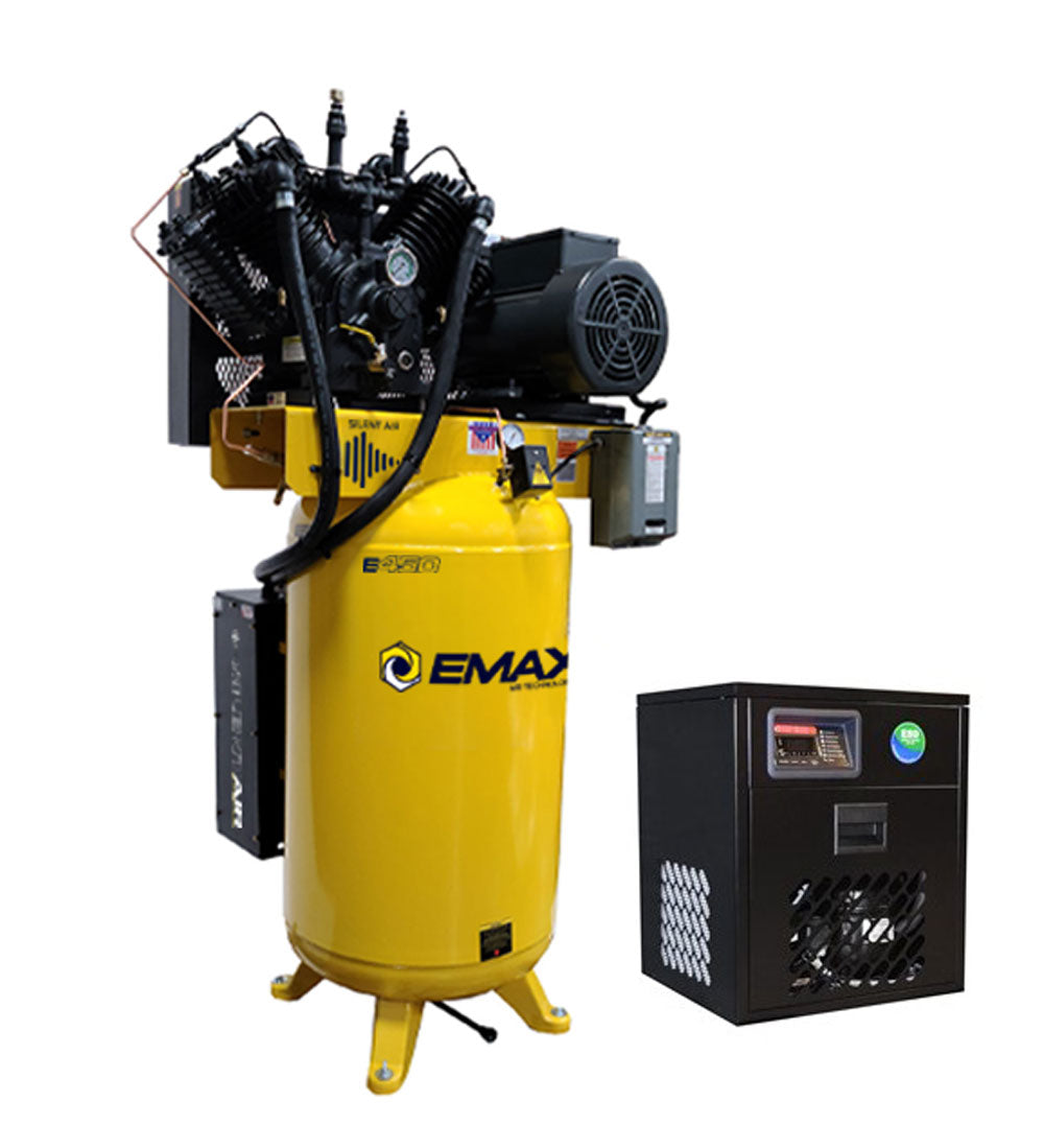EMAX Silent Air Industrial 7.5HP 31CFM 1- Phase 2-Stage 80 Gal. Vertical Stationary Electric Air Compressor-W/ Pressure Lube Pump , Isolator Pads, Belt Tensioner, Continuous Run, Auto Drain, Bundled w/ 30CFM Refrigerated Air Dryer
