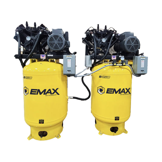 EMAX (2) SOLO Alternating Silent Air 10HP / 20HP V4 38CFM (each) 1- Phase 2-Stage 120 Gal. Vertical Stationary Electric Air Compressor-W/ Pressure Lube Pump , Isolator Pads, Belt Tensioner, Auto Drain, lead/ Lag alternating switch
