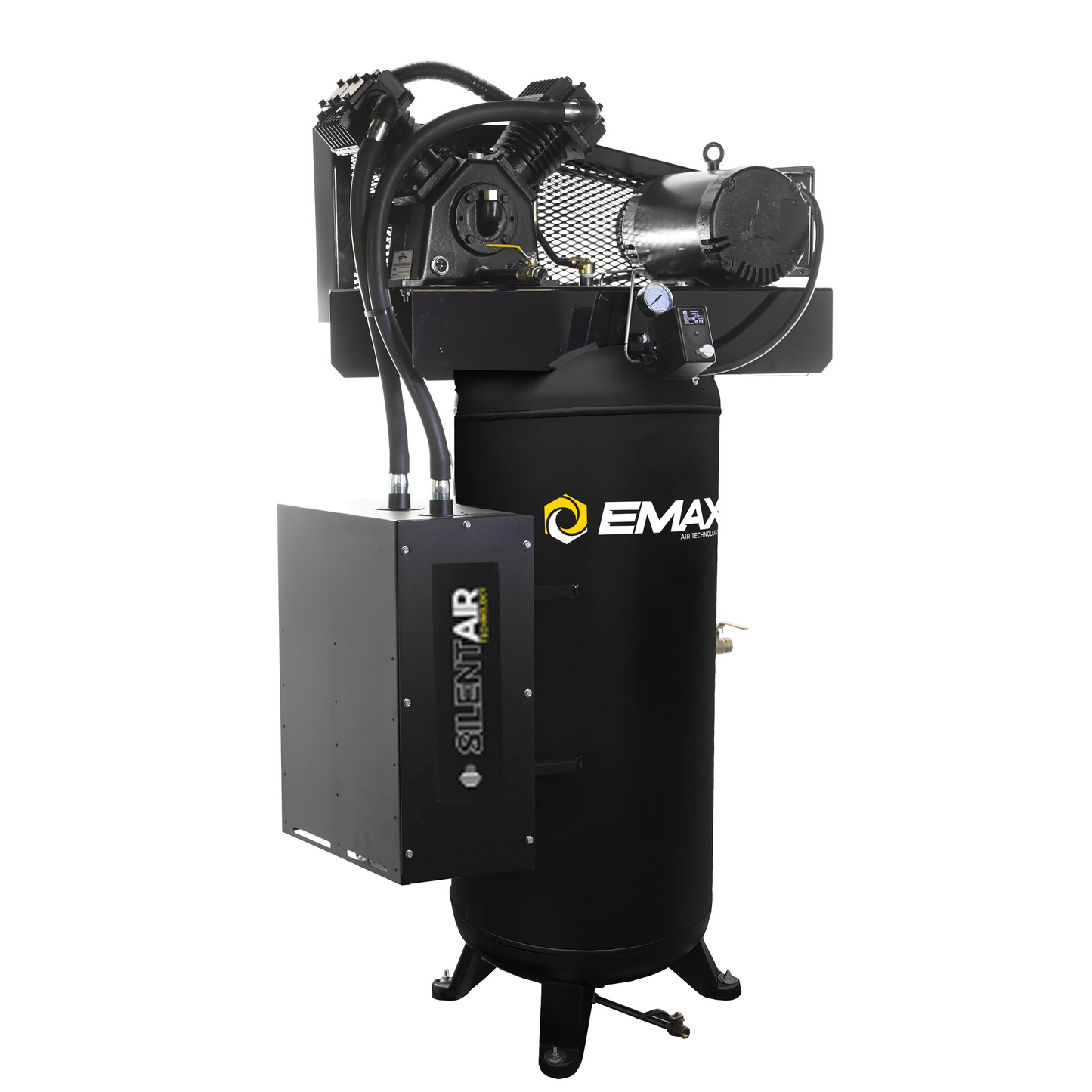 EMAX Silent Air Industrial 5HP 2CYL Single Stage 19CFM 60 Gal. Air Compressor w/isolator pads - Splash Lube Pump