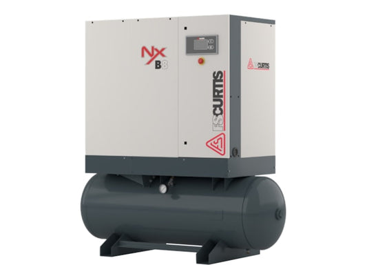 FS-Curtis Premium Rotary Screw Air Compressor, NX-Series, Model: NxB04, ULTRA PACK. Mounted on 60GA Tank. 100PSI, 21.5CFM. Integrated Dryer and Pre-filter mounted. Fixed speed. Voltage: 230/1/60