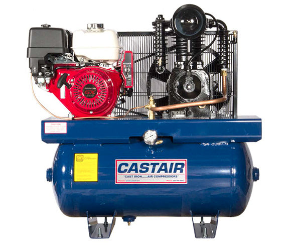 Castair Honda Gas Powered COMPRESSOR + GENERATOR + WELDER Starter Rope/elec. 35 CFM @175PSI, Pump RPM 995, 30Gal Horiz