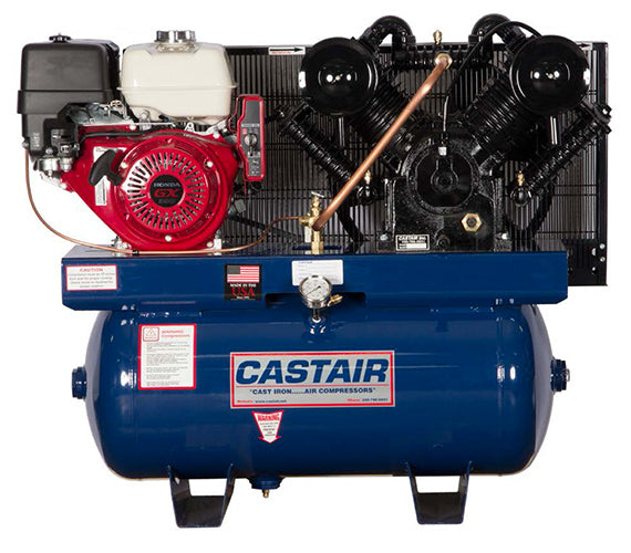 Castair Honda Gas Powered COMPRESSOR + GENERATOR + WELDER Starter Rope/elec. 37 CFM @175PSI, Pump RPM 635, 30Gal Horiz