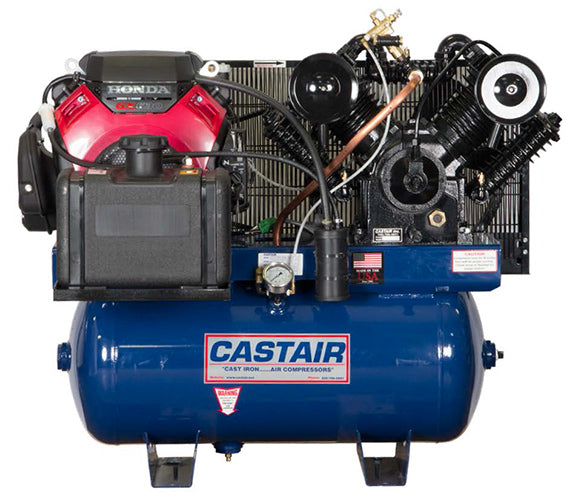 Castair Honda Gas Powered COMPRESSOR + GENERATOR + WELDER Starter Rope/elec. 55 CFM@175PSI, Pump RPM 885, 30Gal Horiz