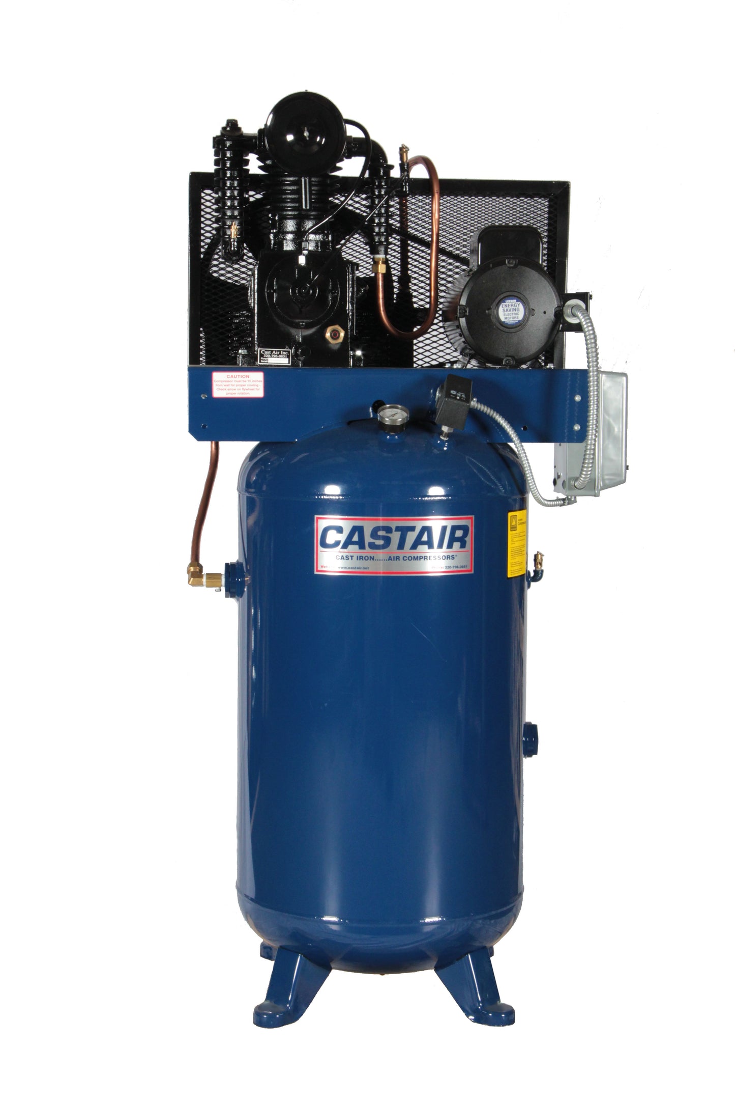 Castair 15HP Industrial Reciprocating Compressor with Mounted Starters 2 Stage, 50.2 CFM@175PSI, 208-230-460-3-60 Volt, Pump RPM 795, 120Gal Horiz