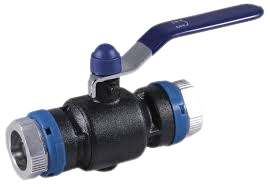 Ball valve with blue handle and connectors on a white background