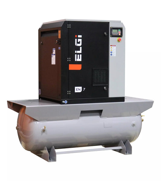 ELGi EN07 10hp Electric Rotary Screw Air Compressor, 120Gal Tank Mount,Timer Drain 3ph 60hz (EN07-150-120T-A2)