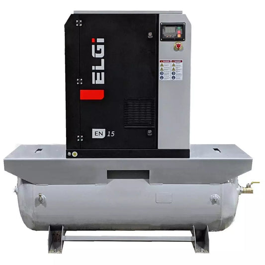 ELGi EN07 10hp Tank Mount Rotary Screw Air Compressor EGRD Dryer & Filters 200V/3ph, 60hz 125PSI 120gal(EN07-125-120T-G2C)