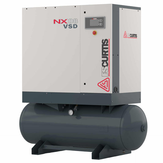 FS-Curtis Premium Rotary Screw Air Compressor, NX Series. Model: NxB06. Tank Mount, tank Size: 60GA. Capacity: 29.2 CFM at 100 PSI. Voltage: 230/1/60