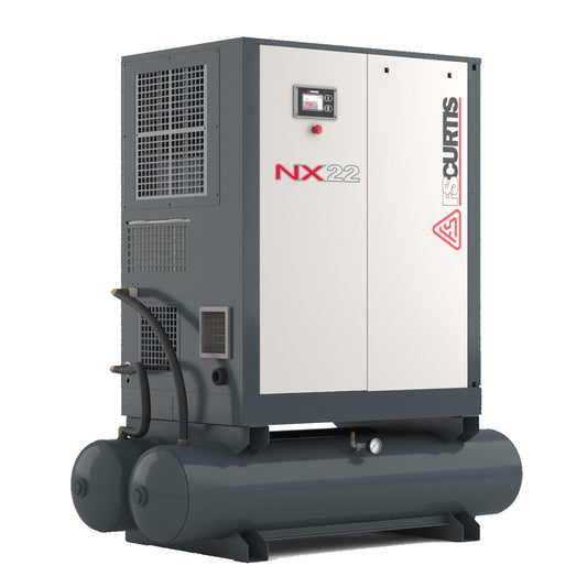 FS-Curtis Premium Rotary Screw Air Compressor, NX Series. Model: NxB22. Tank Mount, tank Size: 120GA. Capacity: 133.7 CFM at 100 PSI. Voltage: 230/3/60