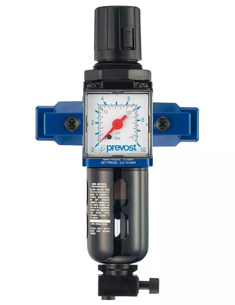 Prevost FILTER REGULATOR NPT female thread = 1/4" FNPT Flow rate (cfm at 87 psi ΔP=14psi) = 19.43